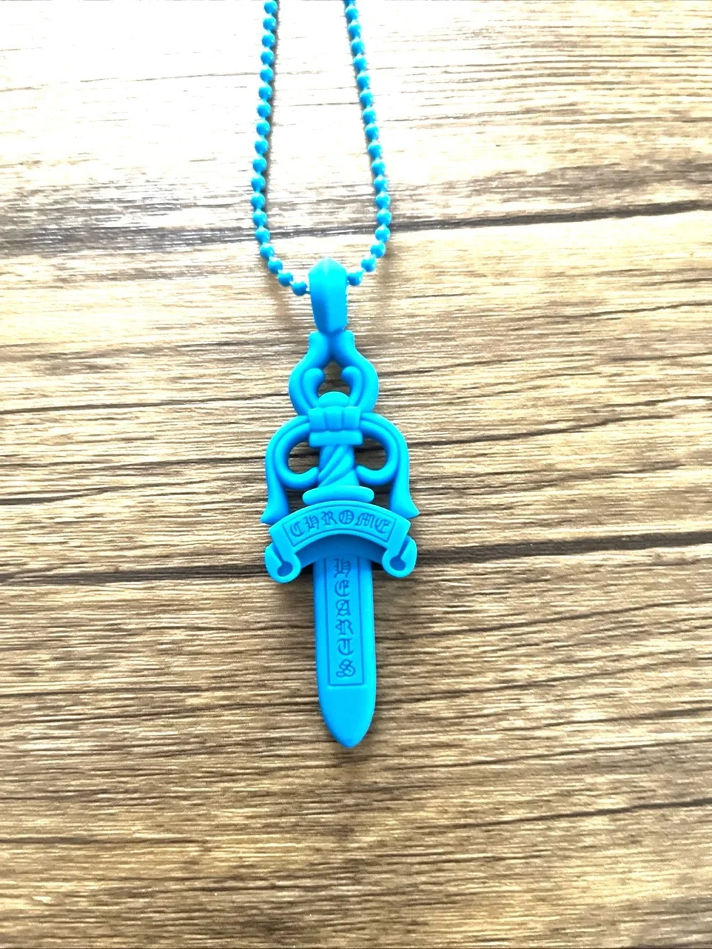 Chrome Hearts Blue Dagger Pendant Necklace with Beaded Chain